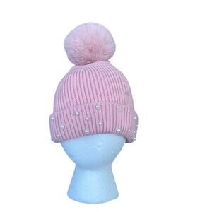 Zara Kids light pink beanie hat pompom faux pearls